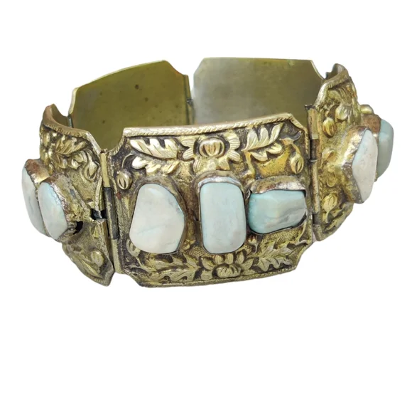 Antique Chinese Export stone panel bracelet with pin closure